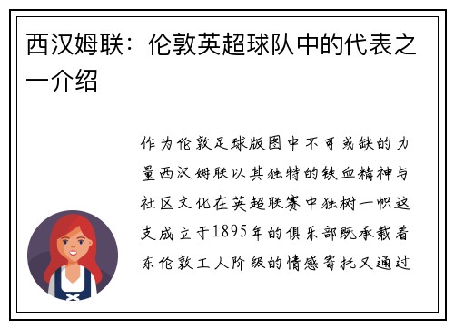 西汉姆联：伦敦英超球队中的代表之一介绍