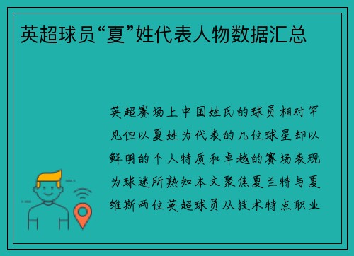 英超球员“夏”姓代表人物数据汇总