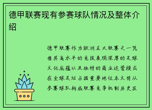 德甲联赛现有参赛球队情况及整体介绍