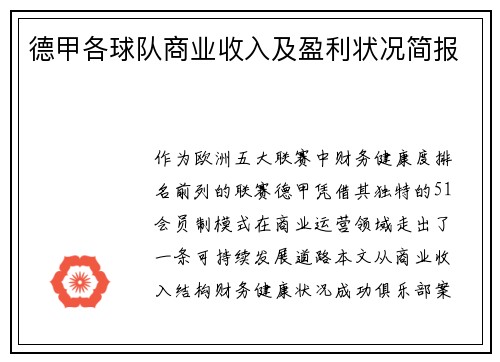 德甲各球队商业收入及盈利状况简报